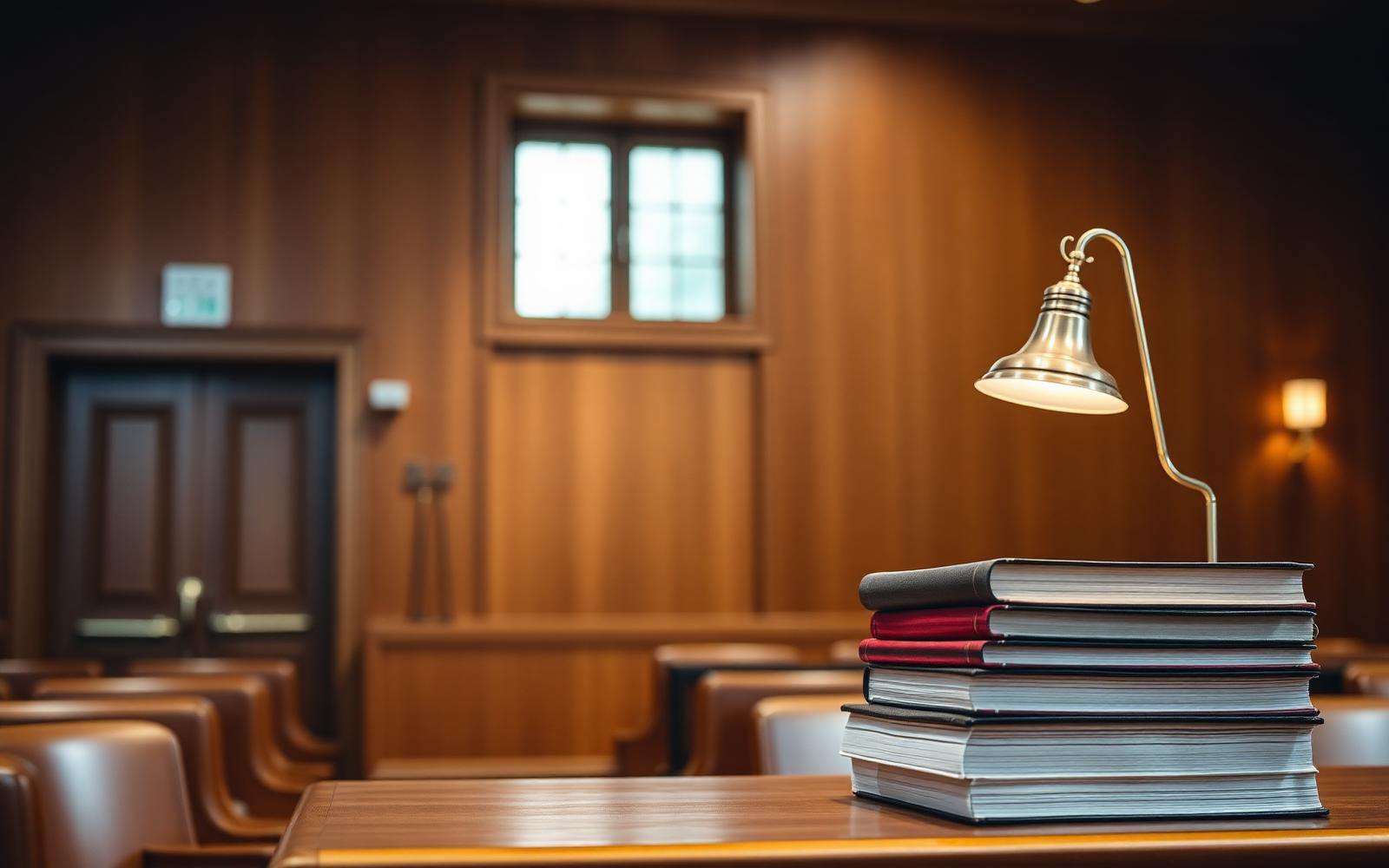 Libri di diritto e lampada da lettura su una scrivania in legno