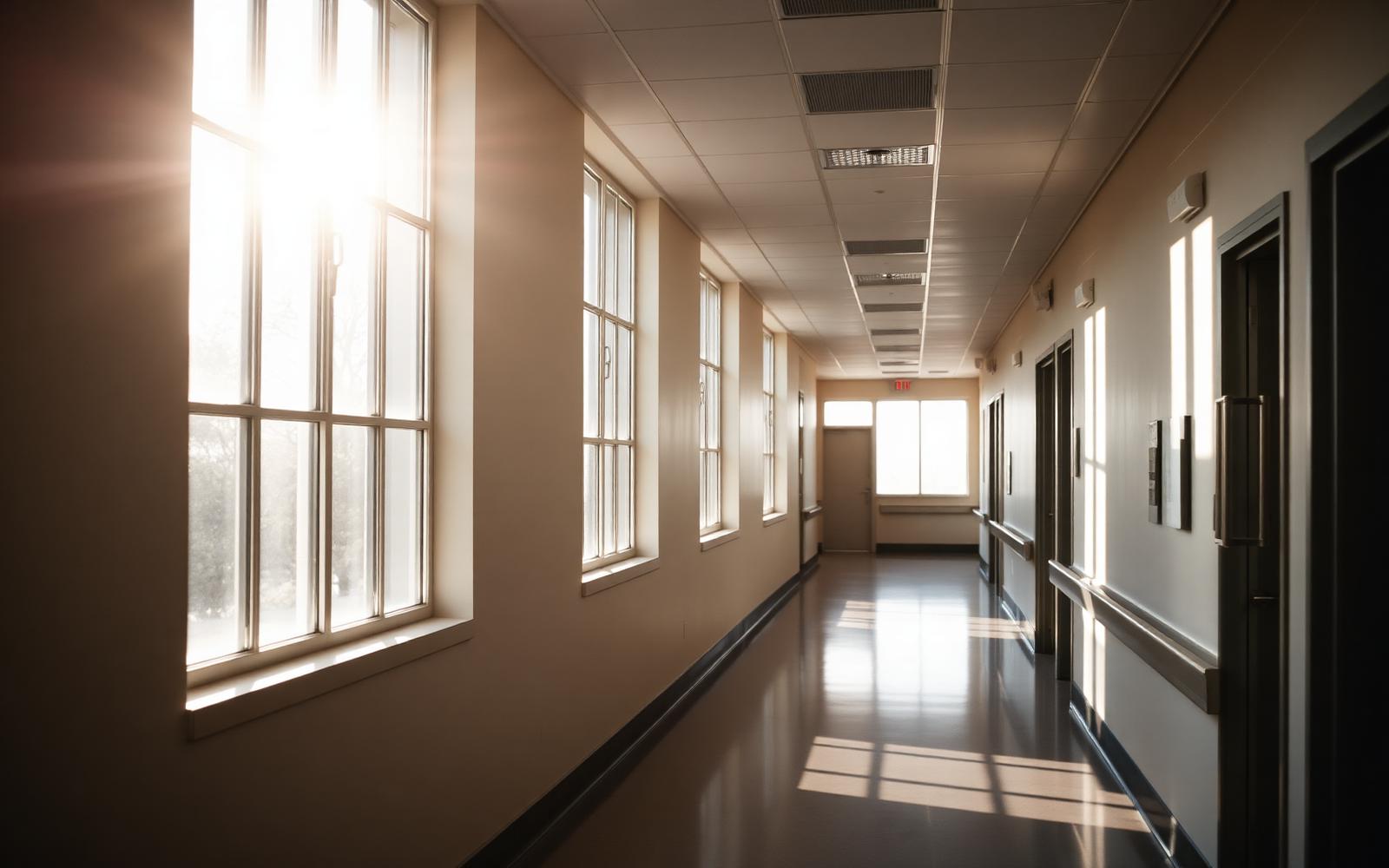 Corridoio luminoso di ospedale con luce calda dalle finestre