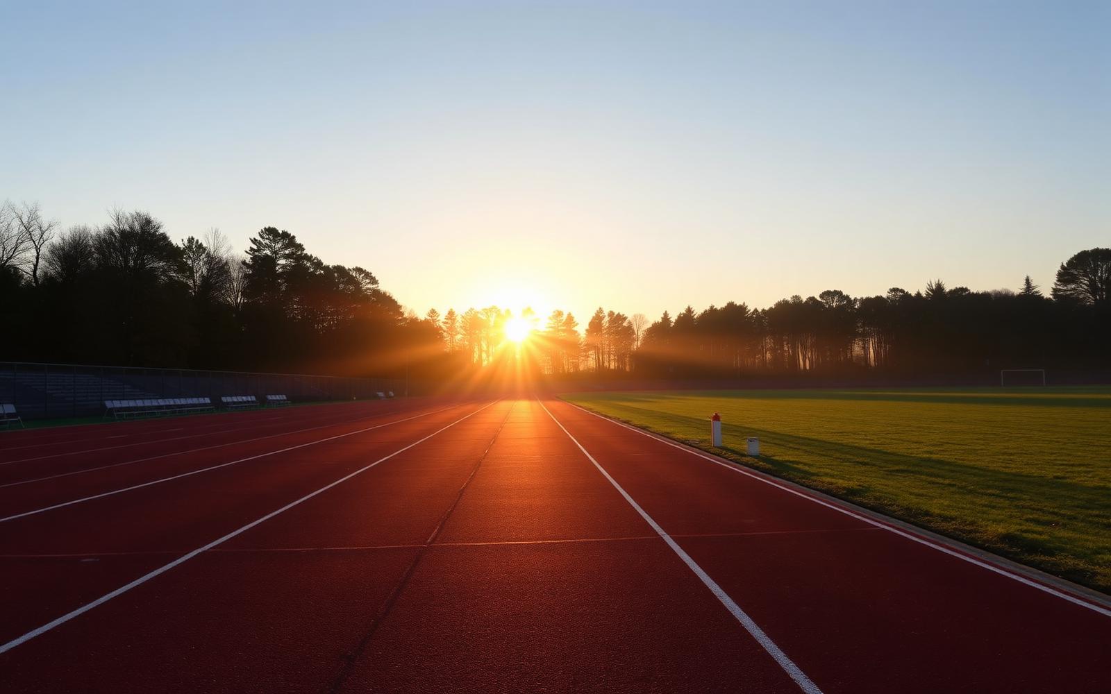 Pista di atletica vuota all'alba con luce dorata